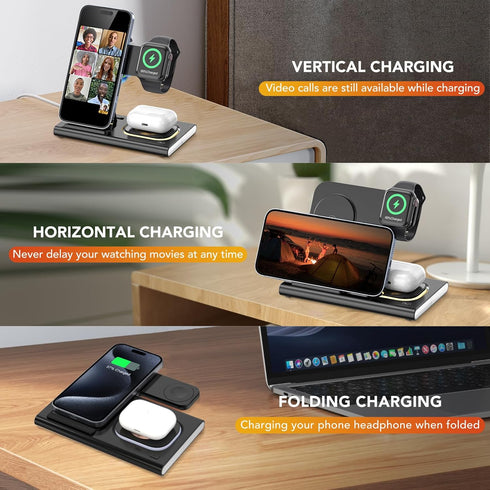 3 in 1 Foldable Charging Station for Apple Products,Fast Wireless Charger Travel Dock Adapter&Light for iPhone 15/14/13/12/11/X/XS/XR 8,iWatch Ult...