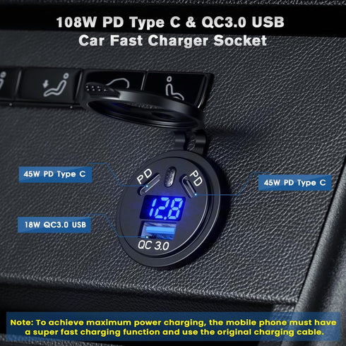12V Type C USB Outlet 45W PD and 18W QC3.0 Quick Car Charger Socket with Voltmeter Switch Fast Charger Socket Power Waterproof 12V / 24V Marine Bo...