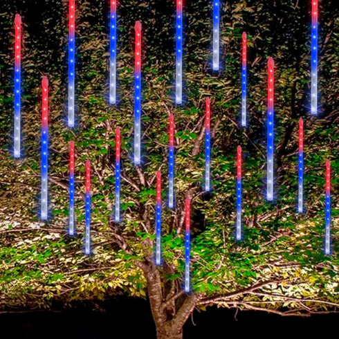 FUNPENY 4th of July Lights, 288 LED Red White and Blue Meteor Shower Rain Lights, Independence Day Decorations 30cm 8 Tubes Outdoor Christmas Ligh...