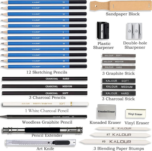 KALOUR 33 Pieces Pro Drawing Kit Sketching Pencils Set,Portable Zippered Travel Case-Charcoal Pencils, Sketch Pencils, Charcoal Stick,Sharpener,Er...