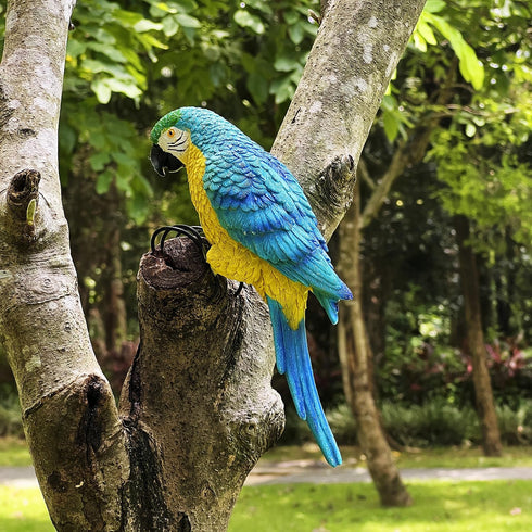 Realistic Parrot Sculpture Resin Hanging Parrots Garden Statues Lifelike Bird Figurines Landscape Ornament Patio Yard Lawn Figurine Tree Decor(Blu...