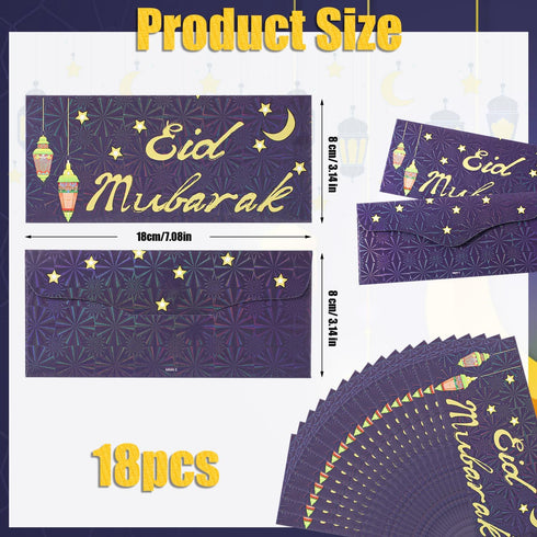 18pcs Eid Mubarak Envelopes for Money, 7 x 3.1 Inch Eid Al-Adha Gift Cards Ramadan Kareem Money Holder Pocket Cash Packet Ramadan Greeting Cards E...