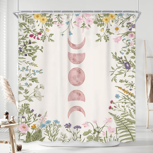 Riyidecor Witchy Moon Phase Shower Curtain for Bathroom Decor 72Wx72H Floral Pink Rustic Wildflower Plant Leaves Botanical Herbs Nature Art Printe...