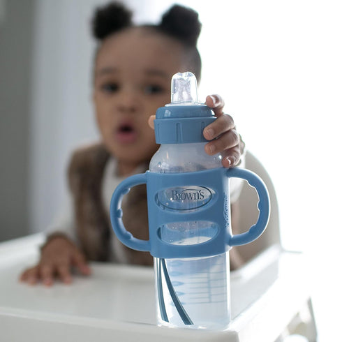 Dr. Brown's Milestones Narrow Sippy Bottle with 100% Silicone Handles,Easy-Grip Bottle with Soft Sippy Spout,8oz/250mL,BPA Free,Light-Blue,6m+...