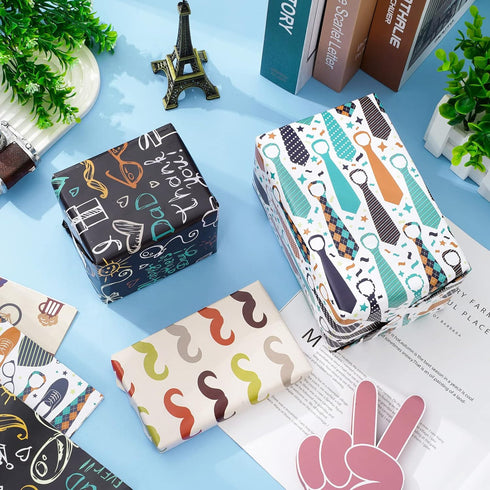 Whaline 12 Sheet Father's Day Wrapping Paper Necktie Mustaches Watch Print Wrapping Paper I Love You Dad Art Packaging Paper for Fathers Birthday ...