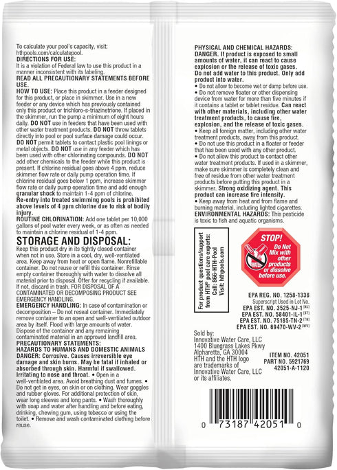 HTH 42051 Swimming Pool Care 3" Chlorine Tabs Advanced, Swimming Pool Chlorinating Sanitizer, 8oz...