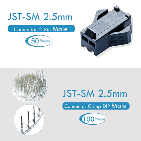 JST SM 2.5 mm Pitch 2-Pin JST Connector IC Male Plugs, Female Sockets Housing and Male/Female T-Shaped Crimp Terminal Connector. 50 Sets/300 Piece...