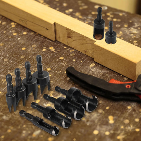 Rocaris 8 Pack Wood Plug Cutter Drill Bit Set, Straight and Tapered Taper Cutting Tool 1/4", 5/16", 3/8", 1/2", 1/4 Inch Hex Shank, Black...