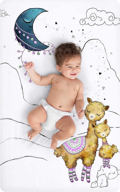 JumpOff Jo - Fitted Mini Crib Sheet for Portable Crib, Playard, and Playpen Mattresses and Mats, Soft 100% Cotton, 24 in. x 38 in. - Llama and Mam...