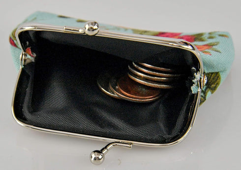 Home-X Canvas Coin Pouch Clasp Closure, Rose Pattern, Floral Coin Purse, Keys Wallet, Round-Blue (4" L x 3.5" H)...
