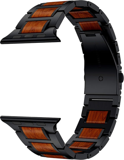 Compatible for Apple Watch 49mm 45mm 44mm 42mm Bands, Red Sandalwood Wood Stainless Steel Replacement Wrist Strap for Apple Watch Ultra & SE Serie...