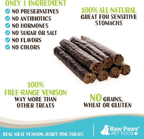 Raw Paws Wild-Caught Venison Treats for Dogs, 6-oz - Packed in USA - Real Meat Venison Jerky Dog Treats Free-Range Venison Dog Jerky Treats - All-...