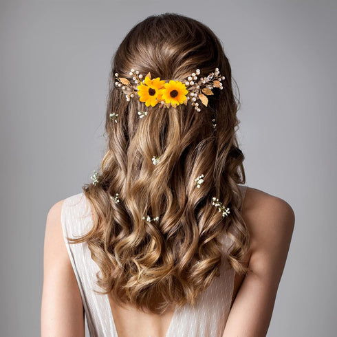 OIIKI Sunflower Bridal Accessories Kit, Wedding Sunflower Headband, Bridal Sunflower Necklace Earrings, Flower Crystal Hair Vine Decorative Clips ...