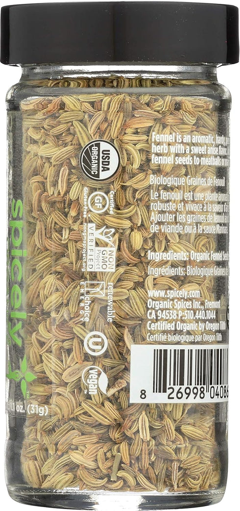 Spicely Organic Fennel Seeds Whole 1.10 Ounce Jar Certified Gluten Free...