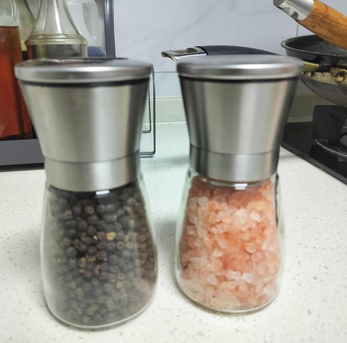 2 Packs Salt and Pepper Mills Brushed Stainless Steel Salt and Pepper Grinder Set(Pack of 2) with Adjustable Ceramic Coarseness Grinder and Glass ...
