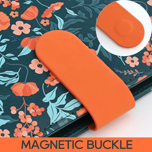 A5 Floral Personal Organiser,PU Leather Binder Notebook Cover,Refillable A5 Journal Folio Portfolio Cover, 6 Ring Binder Organizer with Magnetic B...