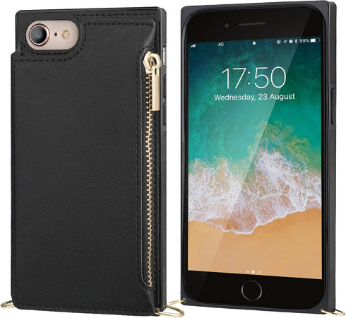 Bocasal Crossbody Wallet Case for iPhone SE 2022/SE 2020/7/8 with Card Holder,Zipper Card Slot Protector Shockproof Purse Cover with Removable Cro...