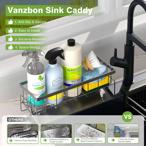 Kitchen Sink Caddy Organizer Sponge Holder for Kitchen Sink with Stainless Steel Auto Drain Tray, Self Drain Dish Soap Sponge Caddy Rack for Kitch...
