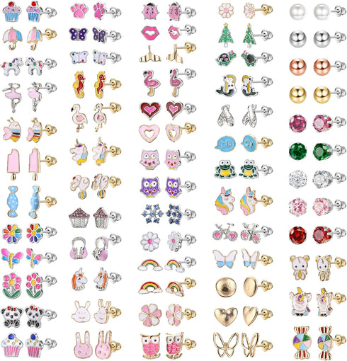 BESTEEL 63 Pairs Cute Stud Earrings for Women Sensitive Ears Studs Set With Stainless Steel Post Candy Flower Heart Animal Earrings in Vivid Color...
