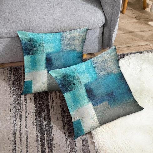 Emvency Set of 2 Teal Throw Pillow Covers Modern Abstract Painting Turquoise White and Gray Decorative Pillow Cases Home Decor Standard Square 18x...