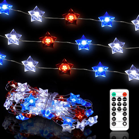 Independence Day String Lights, Impress Life USA American Stars Flag Lighting 4th of July Red White Blue 10ft 40 LEDs with Remote, Powered by Batt...