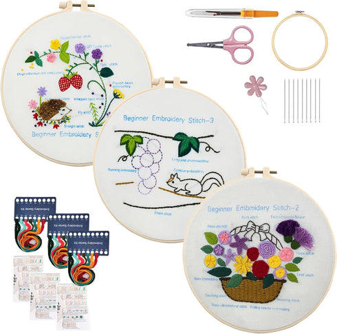 Maydear 3 Pack Embroidery Starter Kit with Pattern, Stamped Cross Stitch Kits for Beginners Adults with Embroidery Hoop and Instructions, Hand Emb...