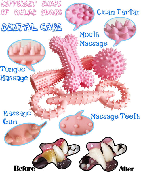 4 Pack Puppy Toys for 2-8 Months Teething Pets Dog Chew Toy Puppies Teeth Cleaning Toy Food Dispensing Soft Rubber Bone Funny Ball Interactive Don...