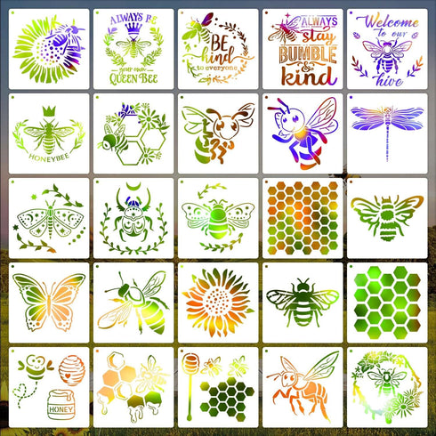 6 Inch Bee Stencils Reusable Honeycomb Honey Stencils for Painting on Wood, 25 Pieces Bee Stencil DIY Craft Template for Painting on Furniture, Ca...