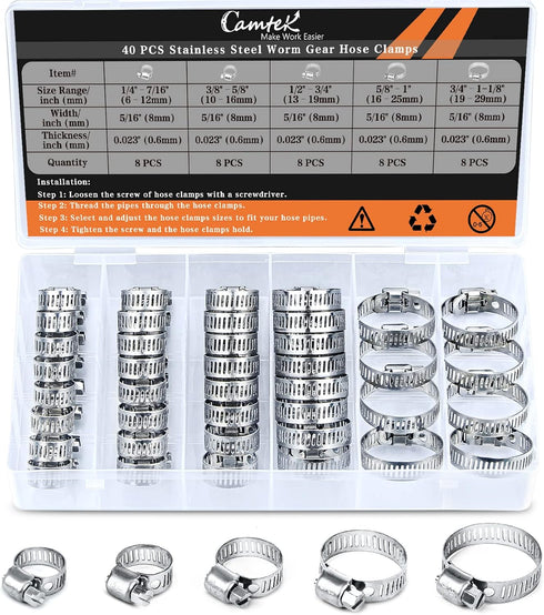 40PCS Hose Clamps, Camtek Stainless Steel Adjustable 6-29mm Range Worm Gear Hose Clamp Duct Clamp Pipe Clamp Fuel Line Clamp for Plumbing, Automot...