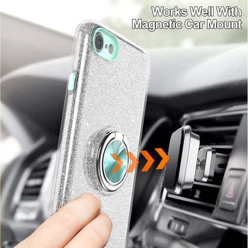 Slim Sparkly Case for iPhone SE 2020/SE 3 2022/8/7 with 360 Ring Holder Kickstand, Glitter, Silver...
