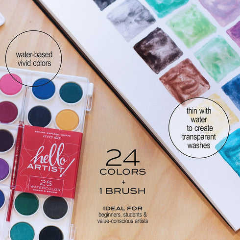 Hello, Artist! Watercolor Cake with Brush Set, Ideal for Beginners, Students, and Value-Conscious Artists, Water-Based and Vivid Colors, 24 colors...