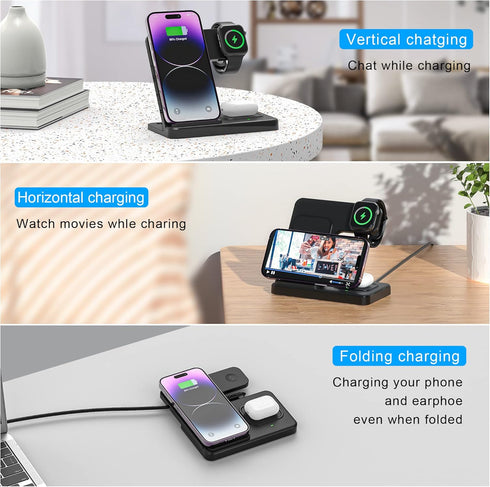 3 in 1 Wireless Foldable Charging Station,Folding Fast Charger Dock Stand for Apple iPhone 14/13/12/11/Pro/Max/XS/XR/X/Plus/Apple Watch 7/6/5/4/3/...