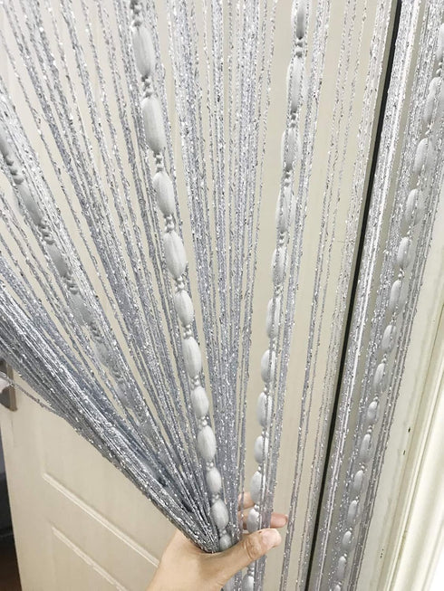Door String Curtain Flat Silver Ribbon Thread with Shaggy Tassel Room Divider, 39’’x79’’ (Grey-style2)...