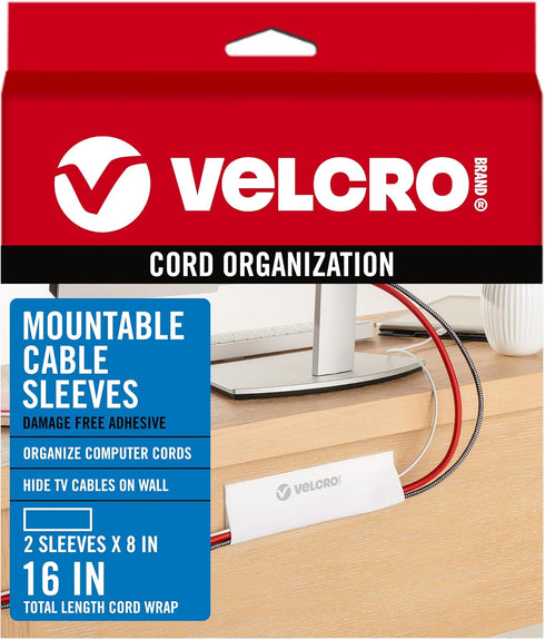 VELCRO Brand Cable Sleeves. Organize Messy Wires on Desk, Behind TV or Game Console. 16-Inch (2x8in) White. Removable Adhesive Mounts to Smooth Su...