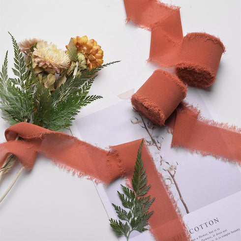 3 Rolls Terracotta Handmade Fringe Fabric Chiffon Silk Ribbon 1.5" x 7Yd Ribbons Set for Wedding Invitations, Bridal Bouquets, Gifts Wrapping, DIY...