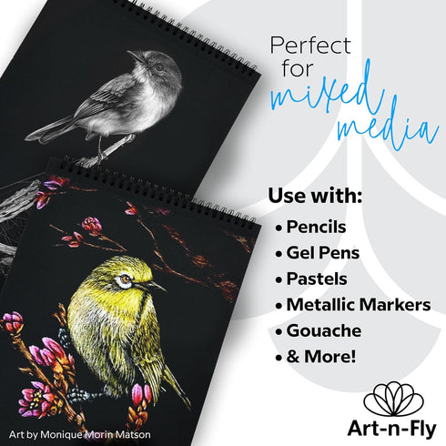 Art-N-Fly Black Sketch Pad Mini 5.5x8.5" 2 Pack - Black Paper Sketchbook for Drawings, Perforated Edge on Spiral 100 Sheets Total - Art Sketch Boo...