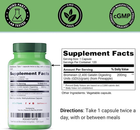 Yuve Bromelain 500mg - High Potency 2400GDU Supplement - Bromelain 500mg, Bromelain Powder - Gut & Joint Health - Fresh Pineapple - 120 Vegan Caps...