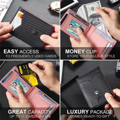 GSOIAX Mens Slim Wallet for Men Minimalist Genuine Leather Carbon Fiber Rfid Blocking Bifold Credit Card Holder With Gift Box (Pink and Carbon Bla...