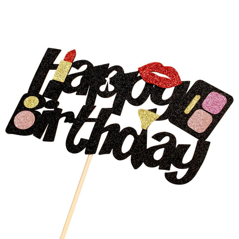 Ercadio 1 Pack Glitter Makeup Cake Topper Happy Birthday Cake Pick Bridal Shower Women Cosmetics Theme Bachelorette Party Decorations Supplies...