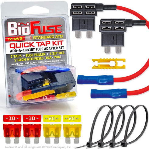 12 AWG Standard ATO Quick TAP KIT: 2 Add-A-Circuit Car Fuse Tap Adapters, 2 Each (10A 20A) Regular Fuses, 4 Zip Ties, Fuse Puller (Blade Group: AT...