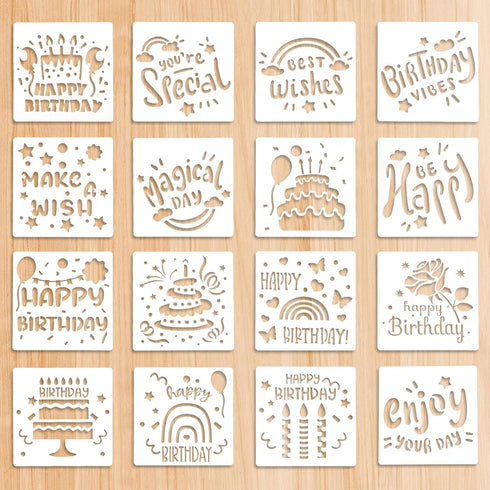 16 Pieces Happy Birthday Stencil for Cakes, 5.9x5.9 inch Happy Bithday Drawing Templates, Reusable Bithday Cake Stencils, Birthday Stencils for Pa...