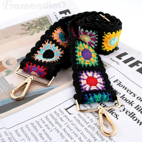 Framendino, Crochet Flower Purse Straps Replacement Crossbody for Handbags Black Adjustable Flower Bag Strap 2 Inch Wide Adjustable Bag Strap...