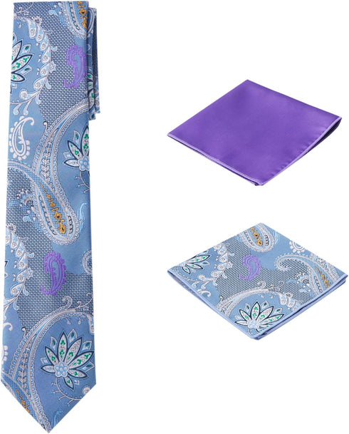 Men's Woven Paisley Regular Length Neck Tie with 2 Handkerchief Pocket Squares Hanky Set - Blue Plum...