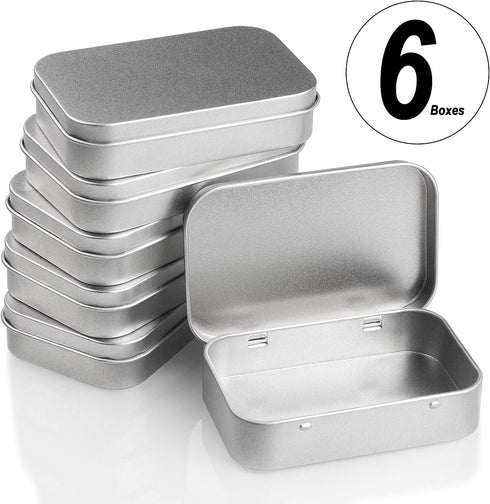 6 Pack Hinged Tin Box Containers - 3.7 x 2.4 x 0.8 inch Metal Tins Storage Boxes with Lids, Rectangular Empty Small Home Craft Organizer for Gift,...