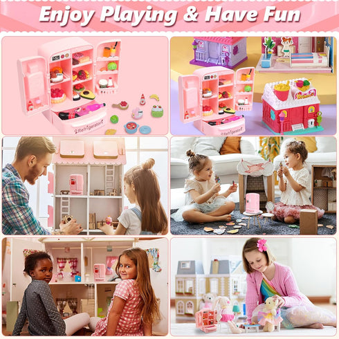 Dollhouse Mini Toy Fridge Green Table Dining with Mini Food Play Refrigerator for Kids Kitchen Furniture Fruits Vegetable Drink Milk Desserts for ...