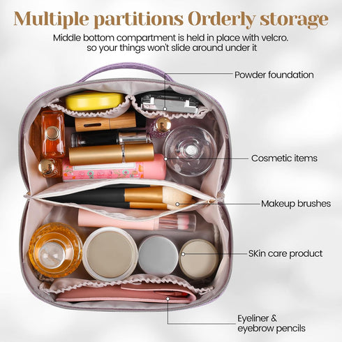 SFXULIX Large Capacity Travel Cosmetic Bag - Makeup Bag, PU Leather Waterproof Cosmetic Bag, Women Portable Travel Makeup Bag With Handle and Divi...