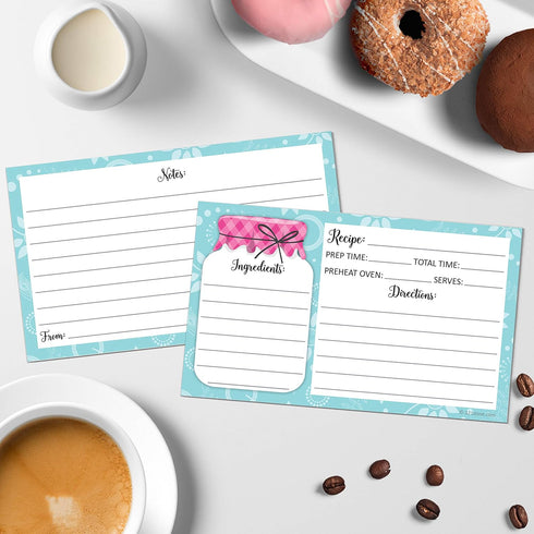 321Done Small 3x5 Recipe Cards (Set of 50) - Mason Jar - Thick Double Sided Premium Card Stock - Made in USA - Rustic Pink and Teal, Notes From...