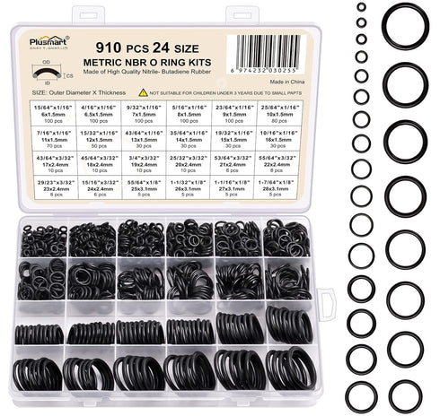 O Ring Kit, 910 Pcs Rubber O-Ring Assortment Kit, Plusmart 24 Sizes Washer Gasket Set for Pressure Washer, Plumbing Sealing Repair, Air or Gas Con...