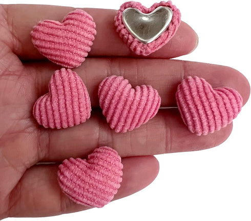 PEPPERLONELY 50PC Corduroy Fabric Cloth Covered Heart Shape Flat Back Buttons 14x17mm, Hot Pink...