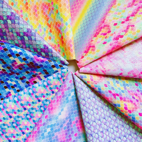 Shalun Mermaid Faux Leather Glitter PU Canvas Sheets for Kids DIY Crafting 8x12inch Shiny Colorful Fish Scale Printed Quilt Sewing Applique Embroi...